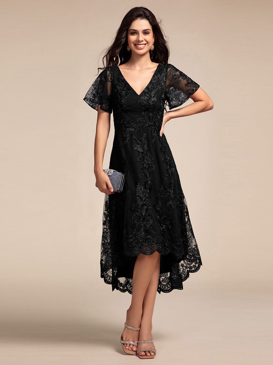 Embroidered Mesh Double V-Neck Short Sleeves Midi Wedding Guest Dress #color_Black