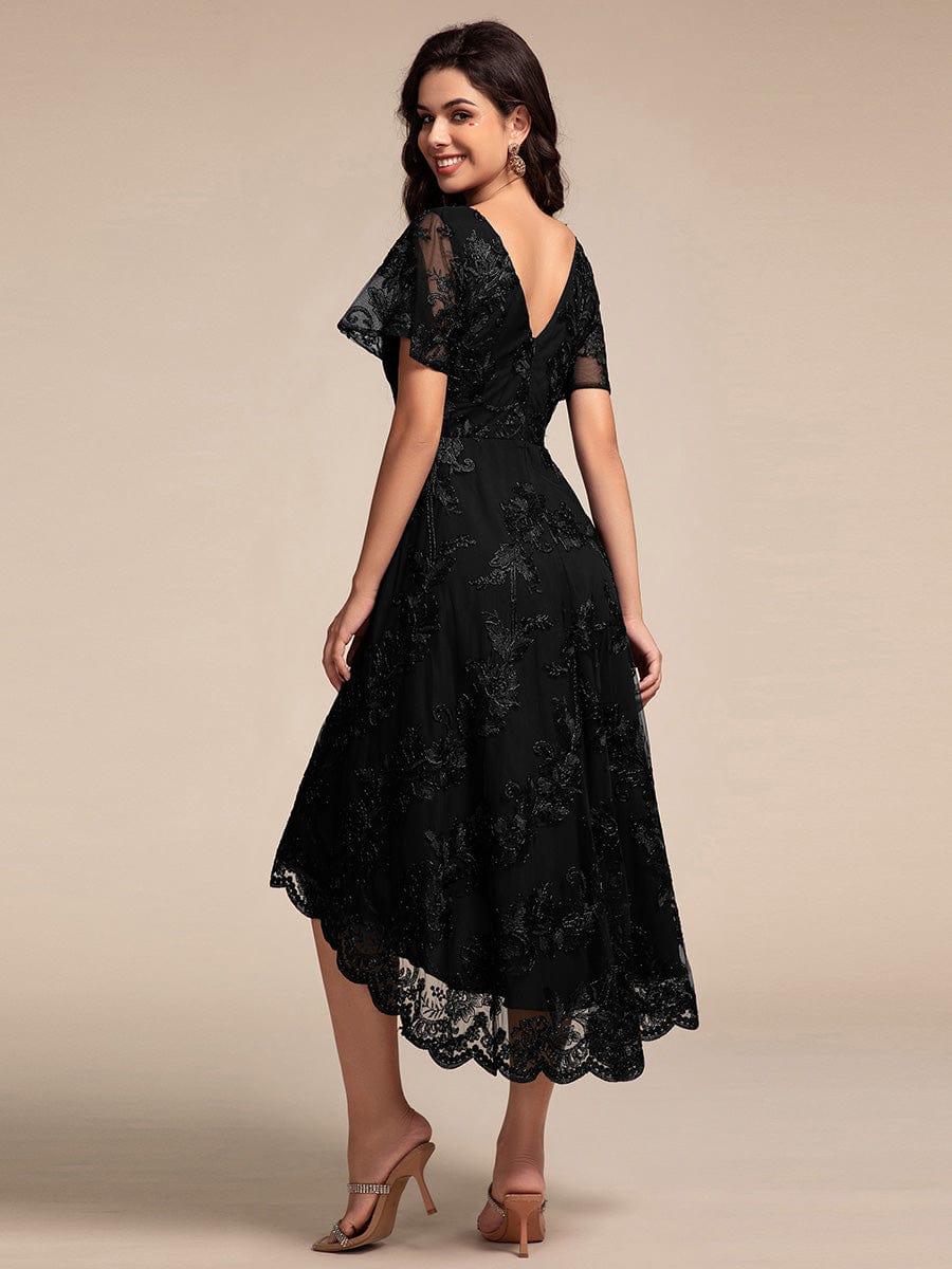 Embroidered Mesh Double V-Neck Short Sleeves Midi Wedding Guest Dress #color_Black