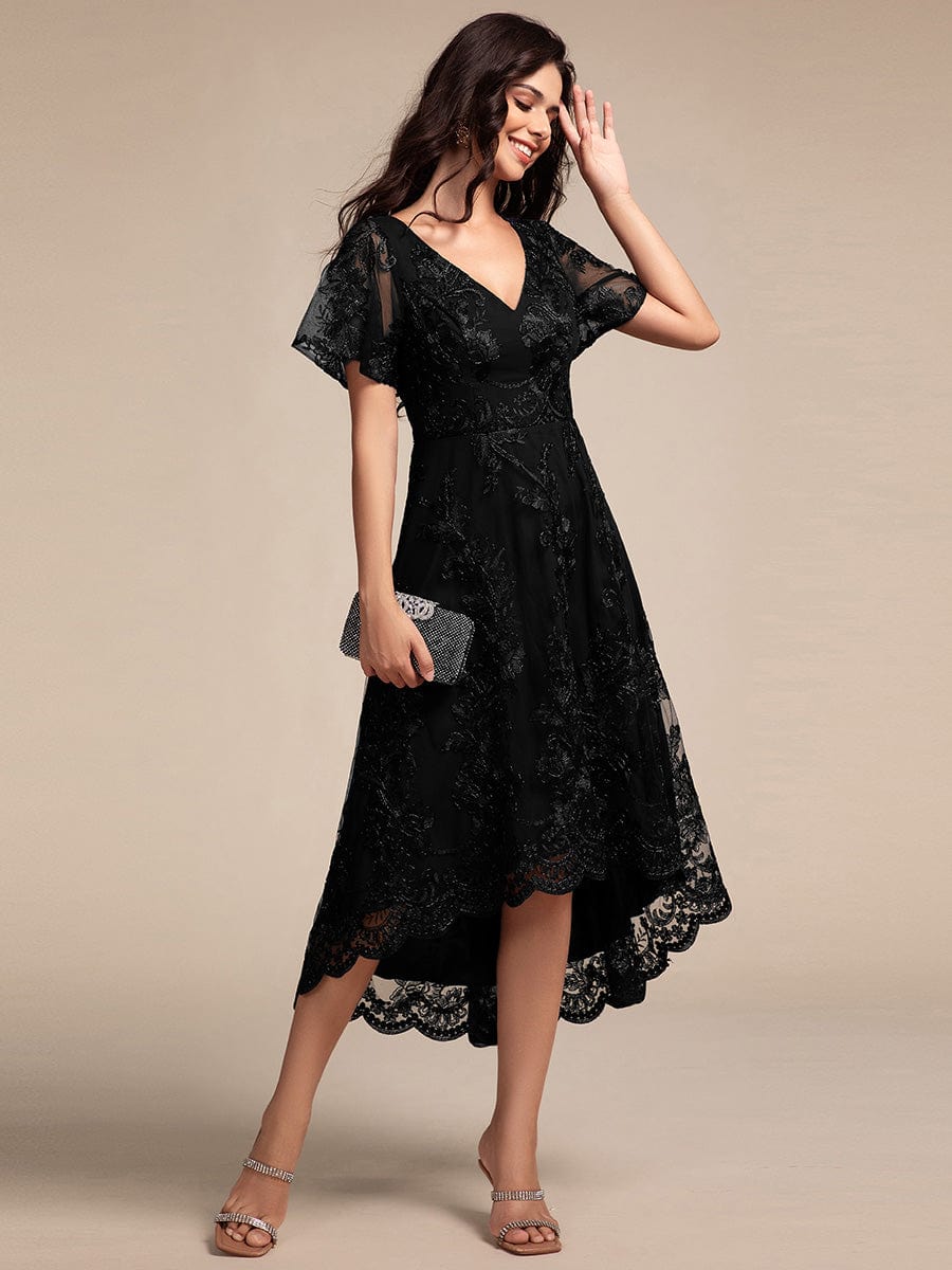 Embroidered Mesh Double V-Neck Short Sleeves Midi Wedding Guest Dress #color_Black