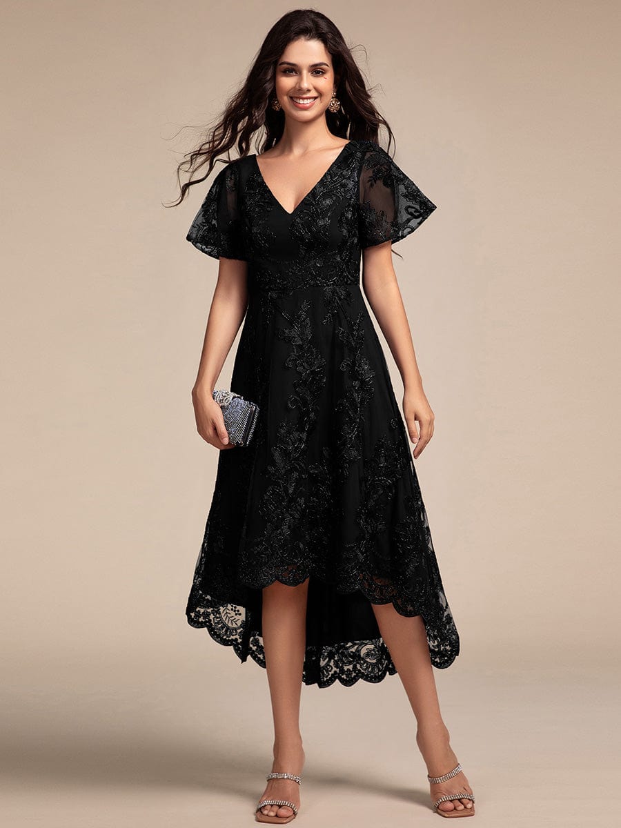 Embroidered Mesh Double V-Neck Short Sleeves Midi Wedding Guest Dress #color_Black