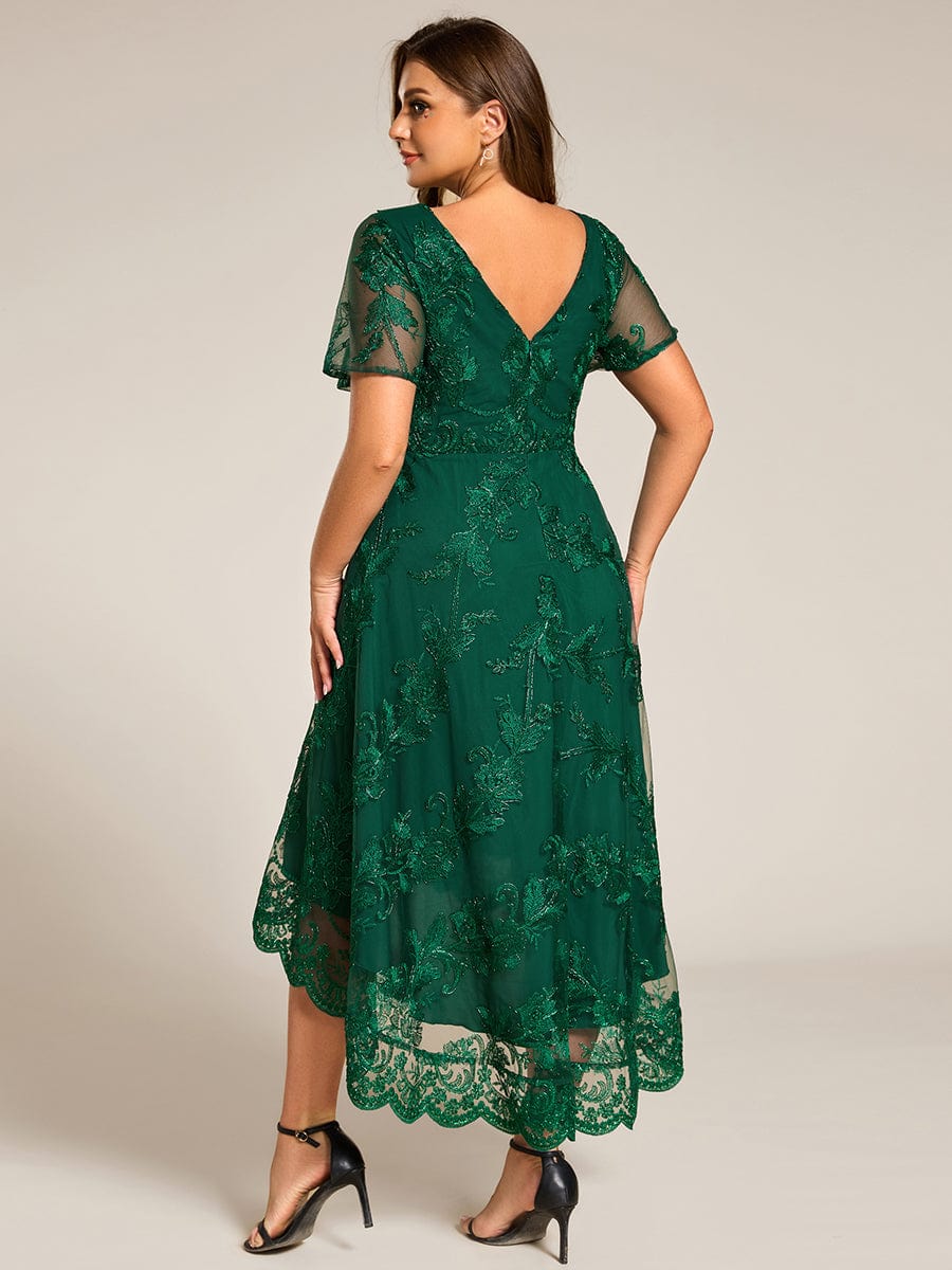 Embroidered Mesh Double V-Neck Short Sleeves Midi Wedding Guest Dress #color_Dark Green