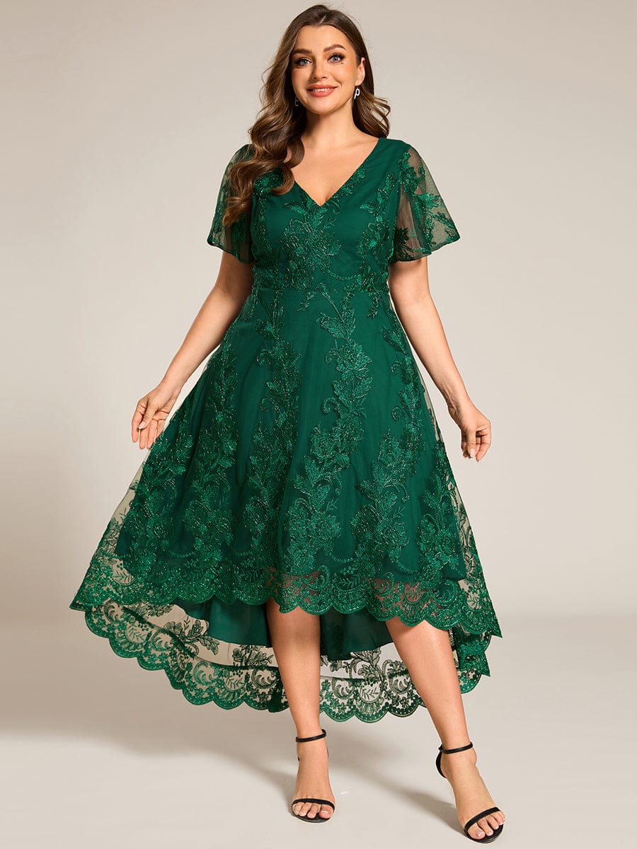 Embroidered Mesh Double V-Neck Short Sleeves Midi Wedding Guest Dress #color_Dark Green