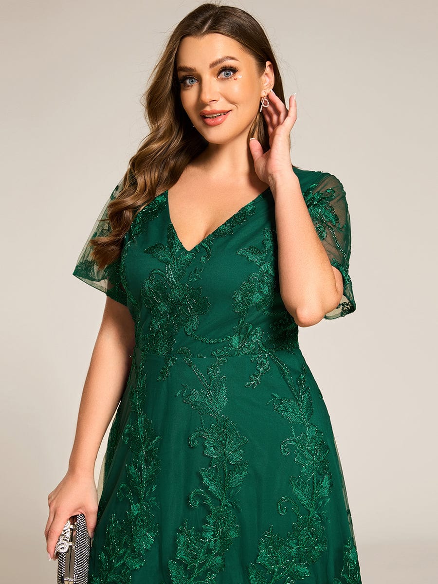 Embroidered Mesh Double V-Neck Short Sleeves Midi Wedding Guest Dress #color_Dark Green