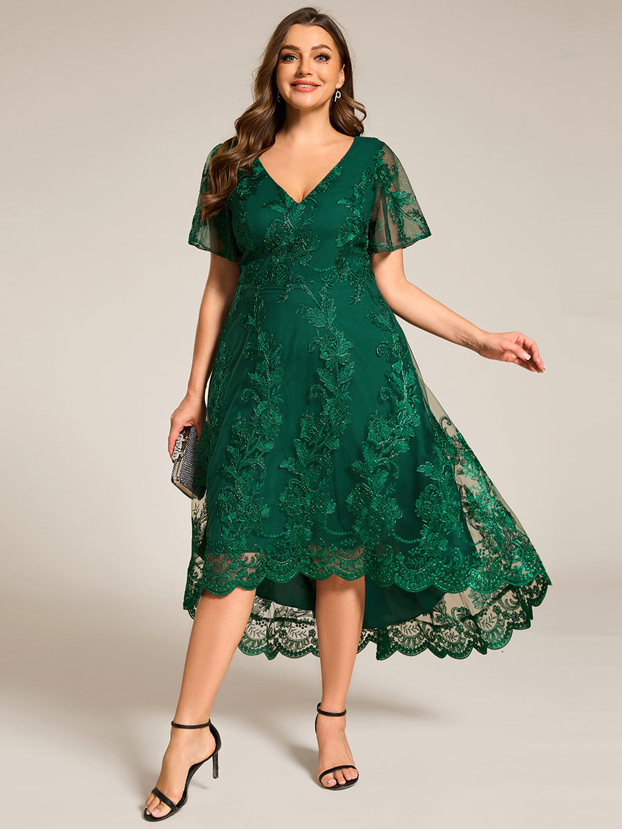 Plus Size Short Sleeves Embroidered Mesh A-Line V-Neck Midi Wedding Guest Dress #color_Dark Green