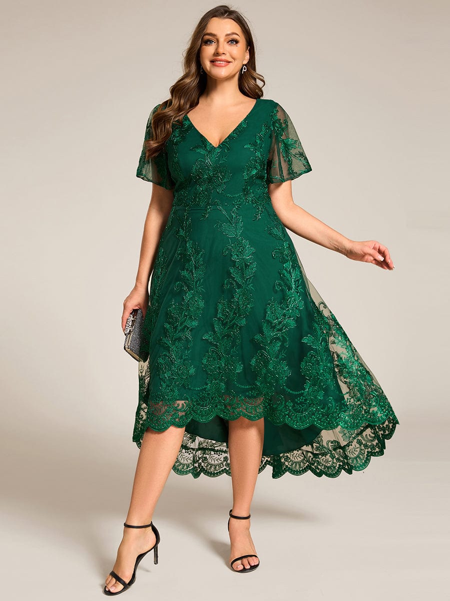 Embroidered Mesh Double V-Neck Short Sleeves Midi Wedding Guest Dress #color_Dark Green