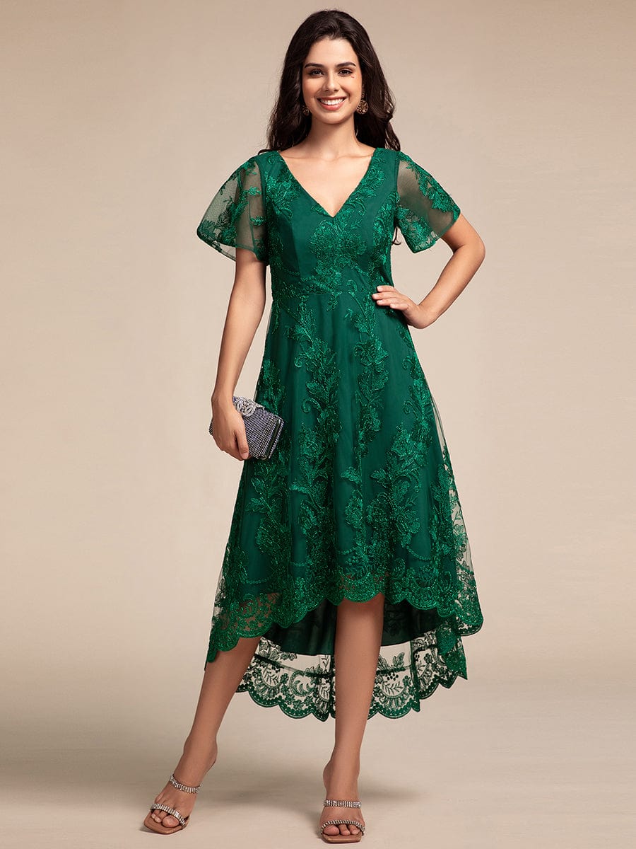 Embroidered Mesh Double V-Neck Short Sleeves Midi Wedding Guest Dress #color_Dark Green