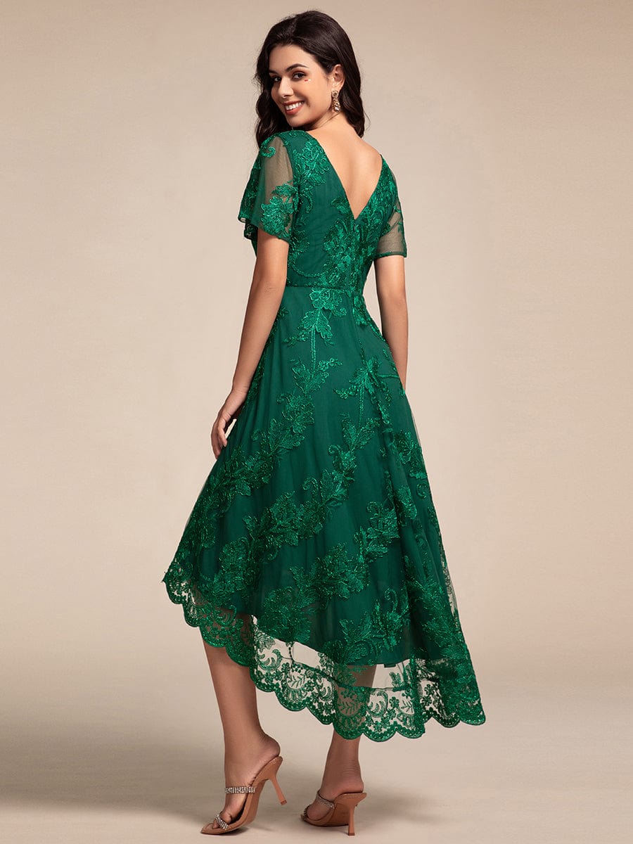 Embroidered Mesh Double V-Neck Short Sleeves Midi Wedding Guest Dress #color_Dark Green