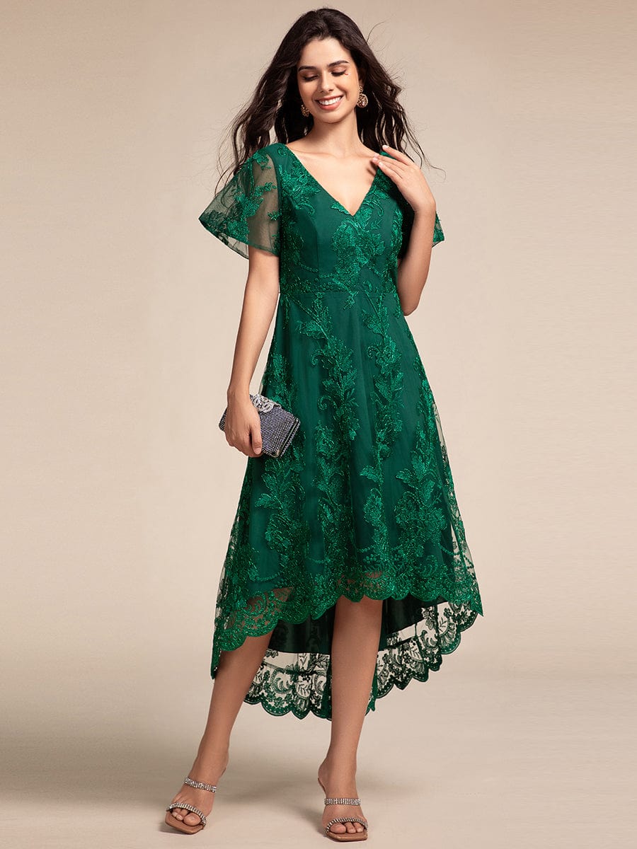 Embroidered Mesh Double V-Neck Short Sleeves Midi Wedding Guest Dress #color_Dark Green