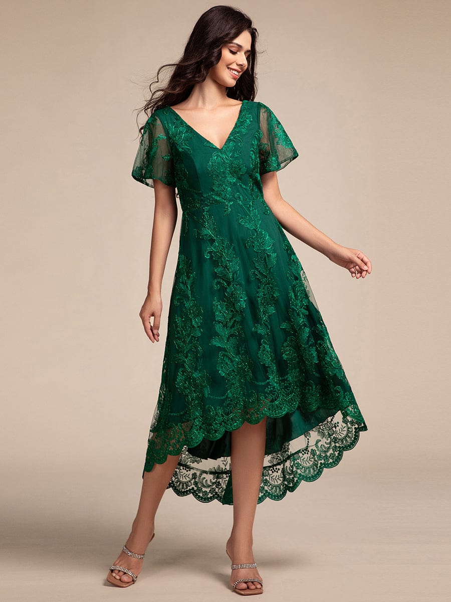 Embroidered Mesh Double V-Neck Short Sleeves Midi Wedding Guest Dress #color_Dark Green