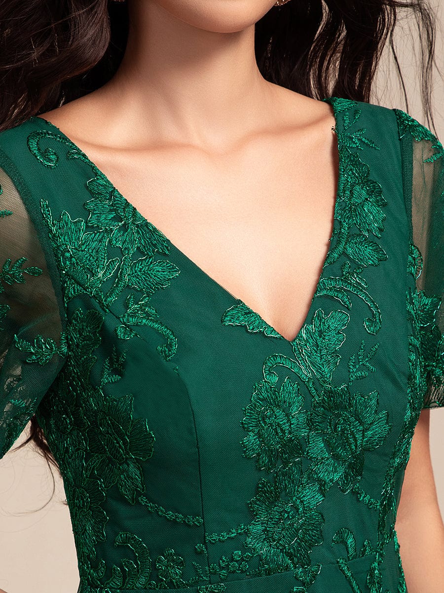 Embroidered Mesh Double V-Neck Short Sleeves Midi Wedding Guest Dress #color_Dark Green