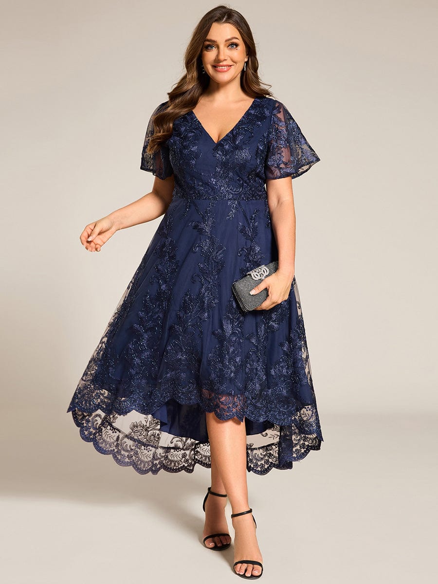 Embroidered Mesh Double V-Neck Short Sleeves Midi Wedding Guest Dress #color_Navy Blue