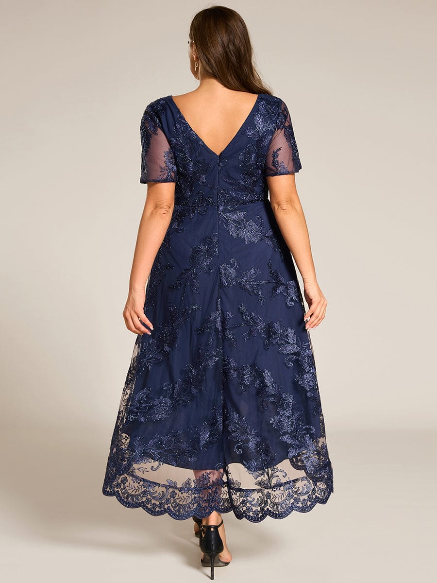 Embroidered Mesh Double V-Neck Short Sleeves Midi Wedding Guest Dress #color_Navy Blue