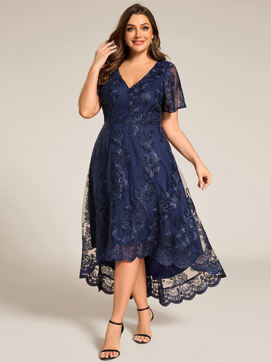 Embroidered Mesh Double V-Neck Short Sleeves Midi Wedding Guest Dress #color_Navy Blue