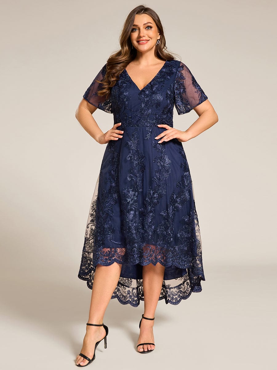 Embroidered Mesh Double V-Neck Short Sleeves Midi Wedding Guest Dress #color_Navy Blue