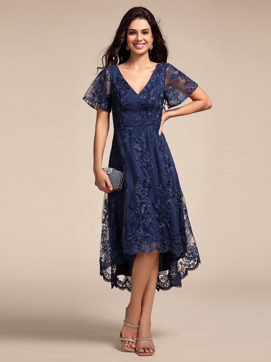 Embroidered Mesh Double V-Neck Short Sleeves Midi Wedding Guest Dress #color_Navy Blue