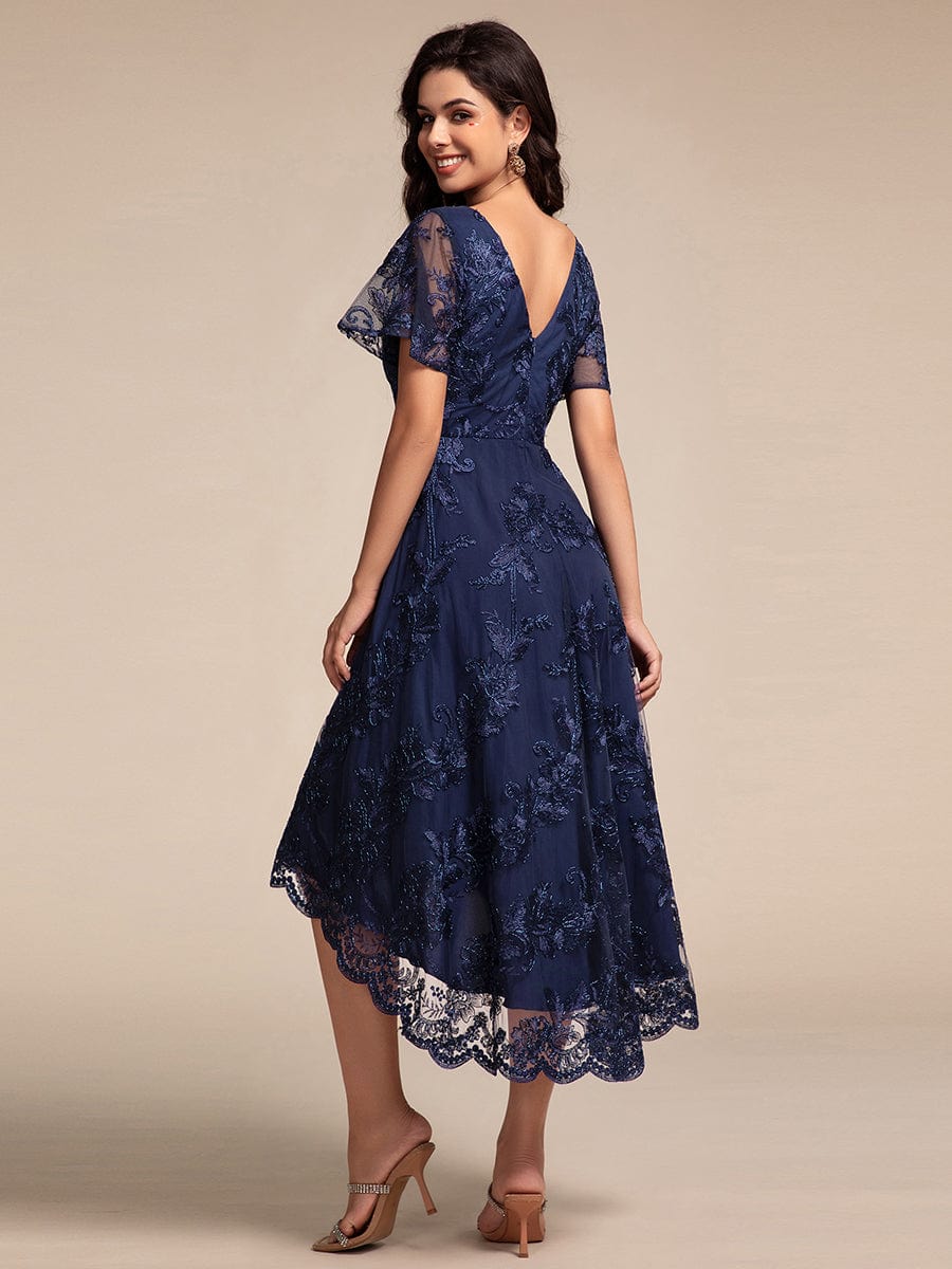 Embroidered Mesh Double V-Neck Short Sleeves Midi Wedding Guest Dress #color_Navy Blue