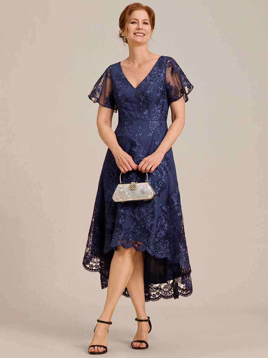 Embroidered Mesh Double V-Neck Short Sleeves Midi Wedding Guest Dress #color_Navy Blue