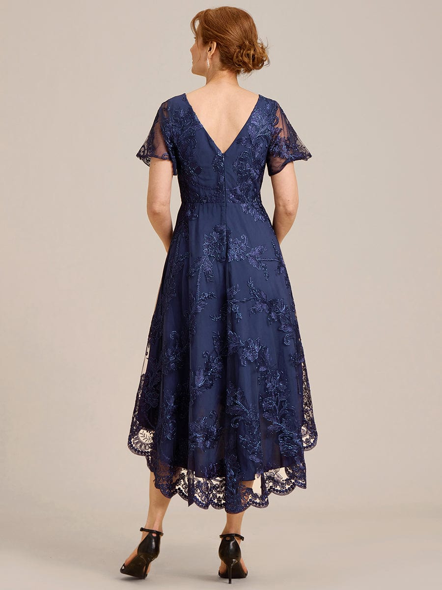 Embroidered Mesh Double V-Neck Short Sleeves Midi Wedding Guest Dress #color_Navy Blue