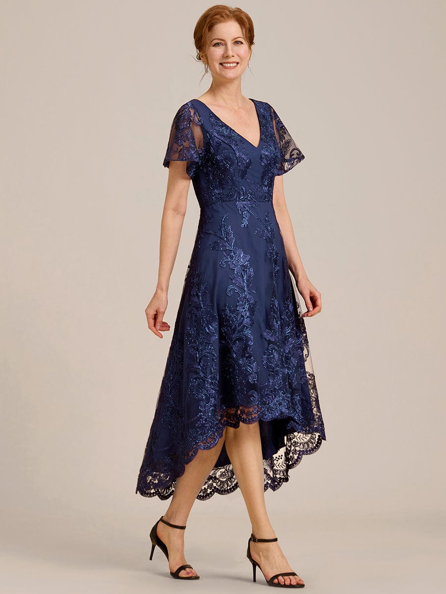 Embroidered Mesh Double V-Neck Short Sleeves Midi Wedding Guest Dress #color_Navy Blue