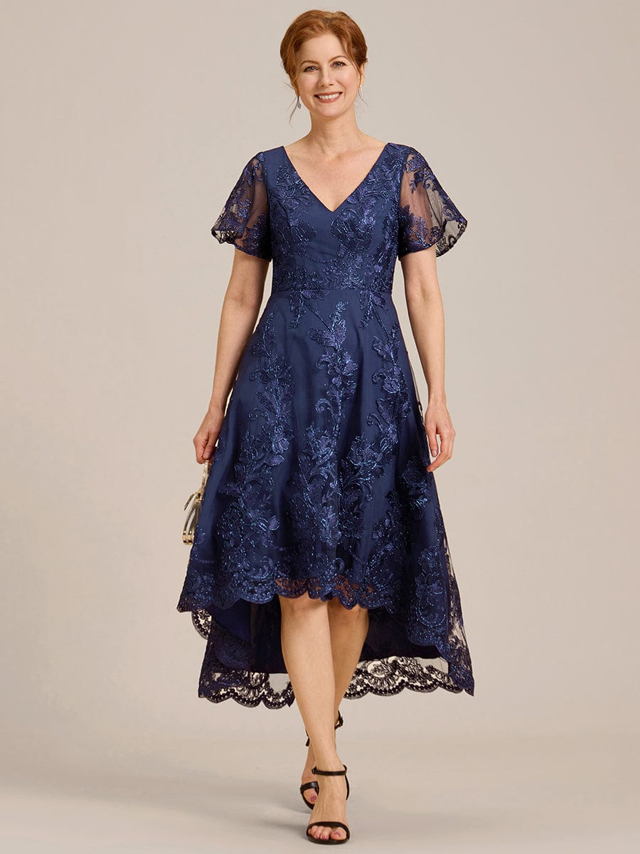 Embroidered Mesh Double V-Neck Short Sleeves Midi Wedding Guest Dress #color_Navy Blue