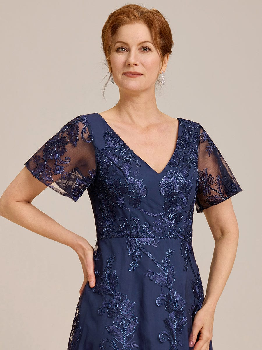 Embroidered Mesh Double V-Neck Short Sleeves Midi Wedding Guest Dress #color_Navy Blue