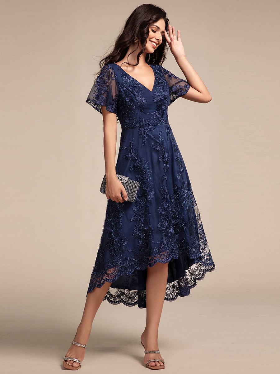 Embroidered Mesh Double V-Neck Short Sleeves Midi Wedding Guest Dress #color_Navy Blue