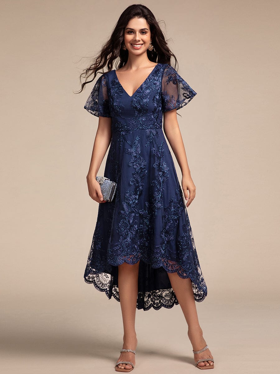 Embroidered Mesh Double V-Neck Short Sleeves Midi Wedding Guest Dress #color_Navy Blue