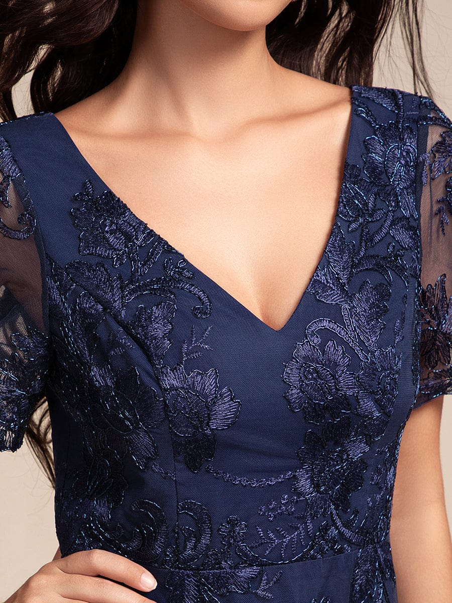 Embroidered Mesh Double V-Neck Short Sleeves Midi Wedding Guest Dress #color_Navy Blue