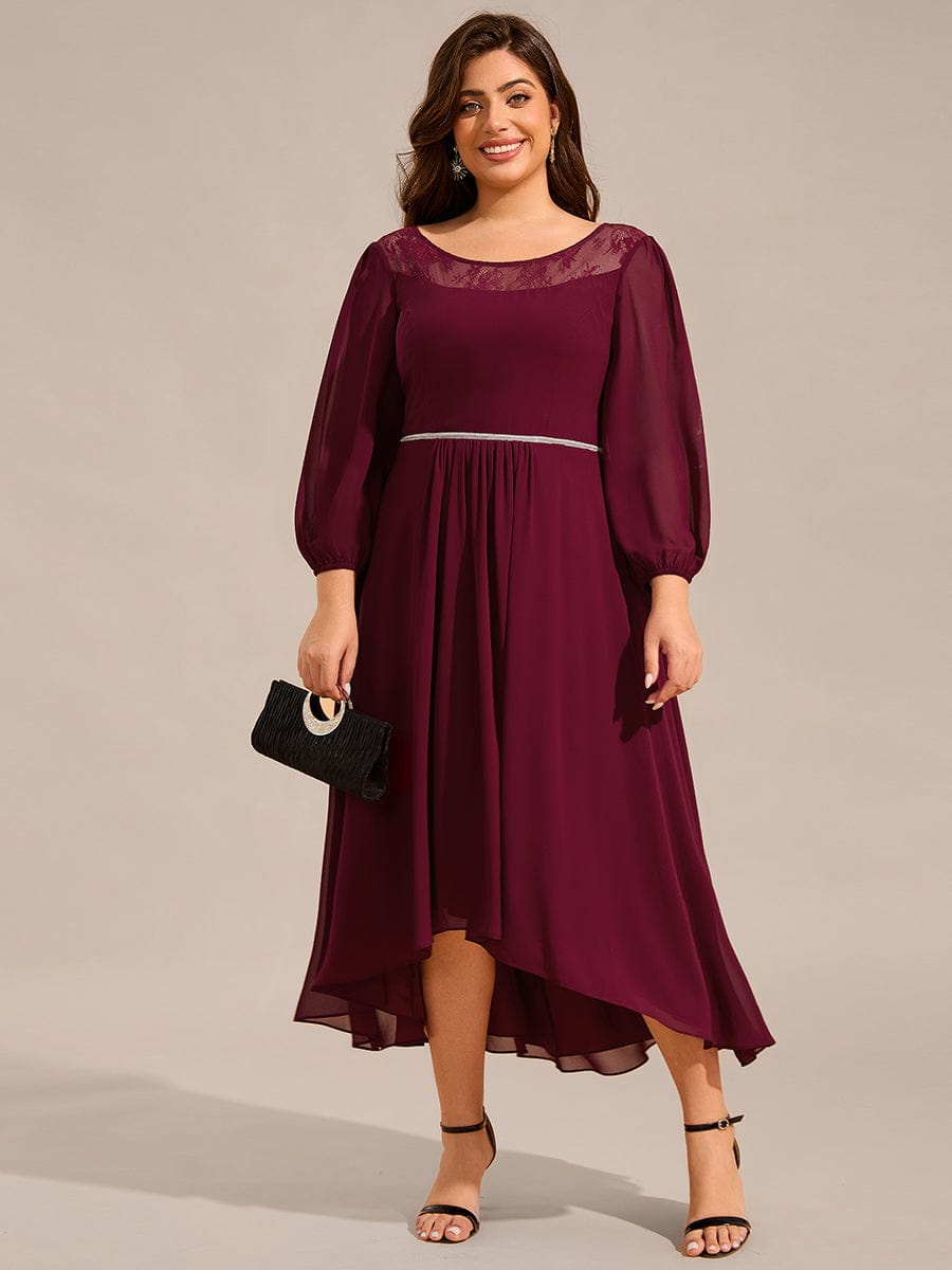 Plus Size Lace Round Neck Long Sleeve Chiffon Midi Wedding Guest Dress #color_Burgundy