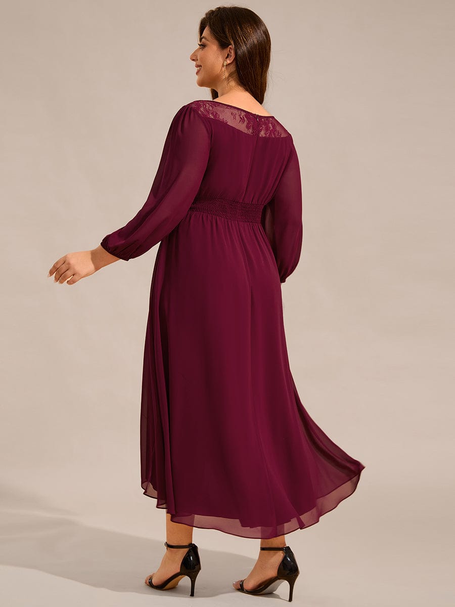 Long Sleeve Waist Chain Round Neckline Midi Chiffon Wedding Guest Dress #color_Burgundy