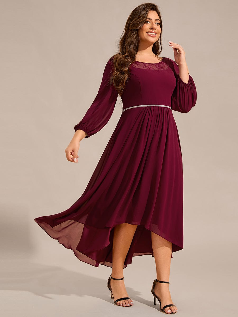 Long Sleeve Waist Chain Round Neckline Midi Chiffon Wedding Guest Dress #color_Burgundy