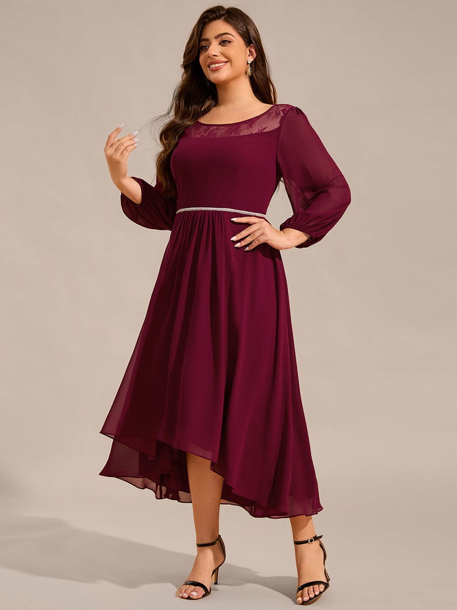 Plus Size Lace Round Neck Long Sleeve Chiffon Midi Wedding Guest Dress #color_Burgundy