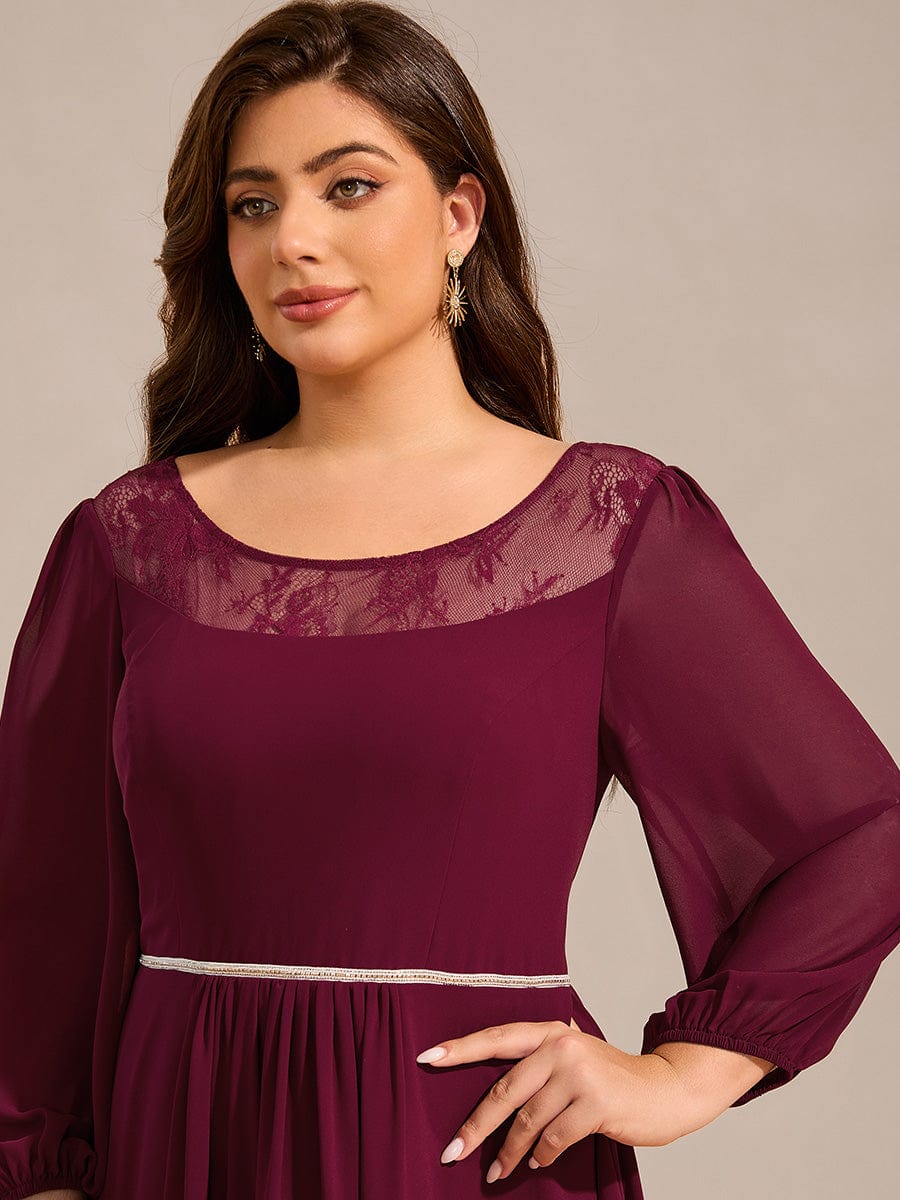 Long Sleeve Waist Chain Round Neckline Midi Chiffon Wedding Guest Dress #color_Burgundy