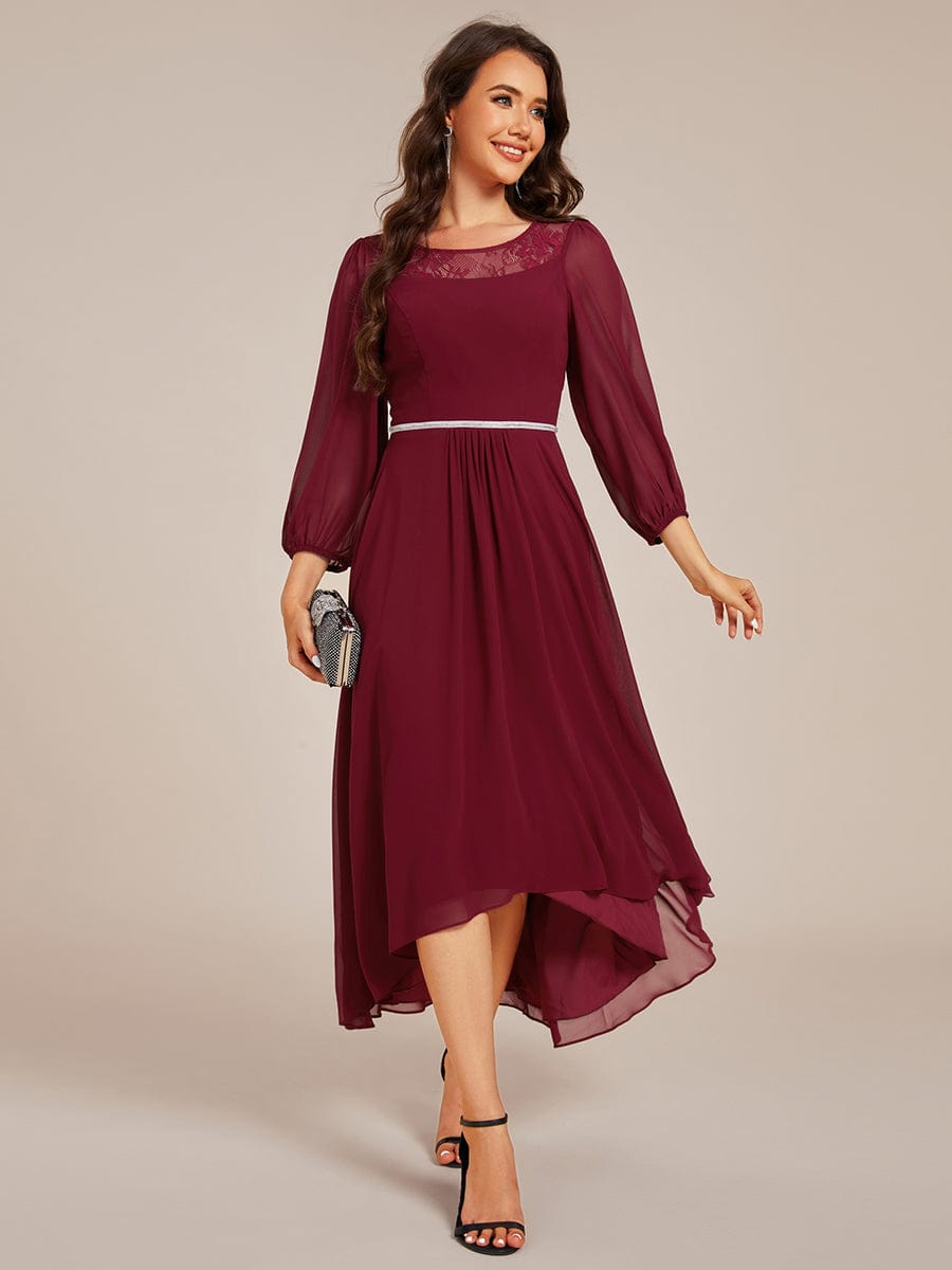 Long Sleeve Waist Chain Round Neckline Midi Chiffon Wedding Guest Dress #color_Burgundy