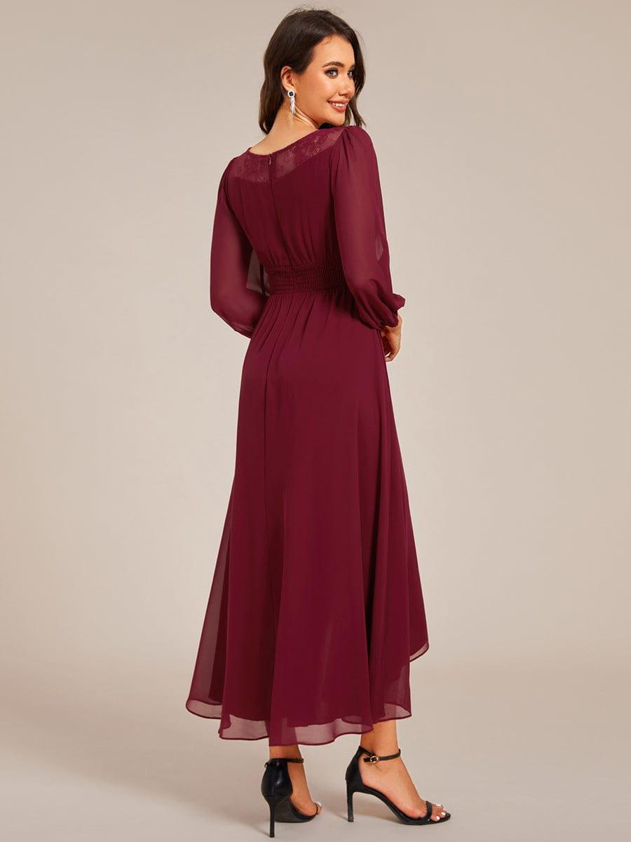 Long Sleeve Waist Chain Round Neckline Midi Chiffon Wedding Guest Dress #color_Burgundy