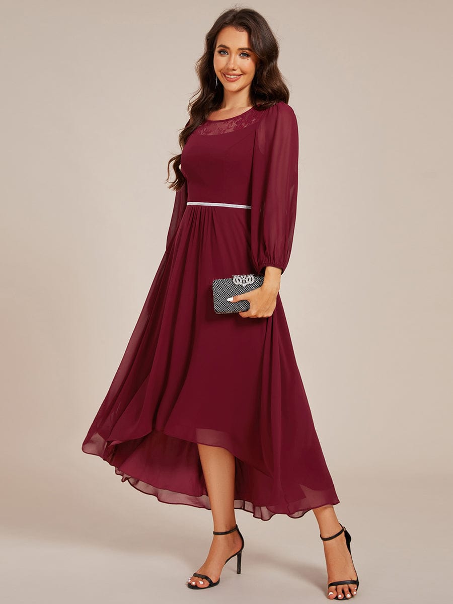 Long Sleeve Waist Chain Round Neckline Midi Chiffon Wedding Guest Dress #color_Burgundy