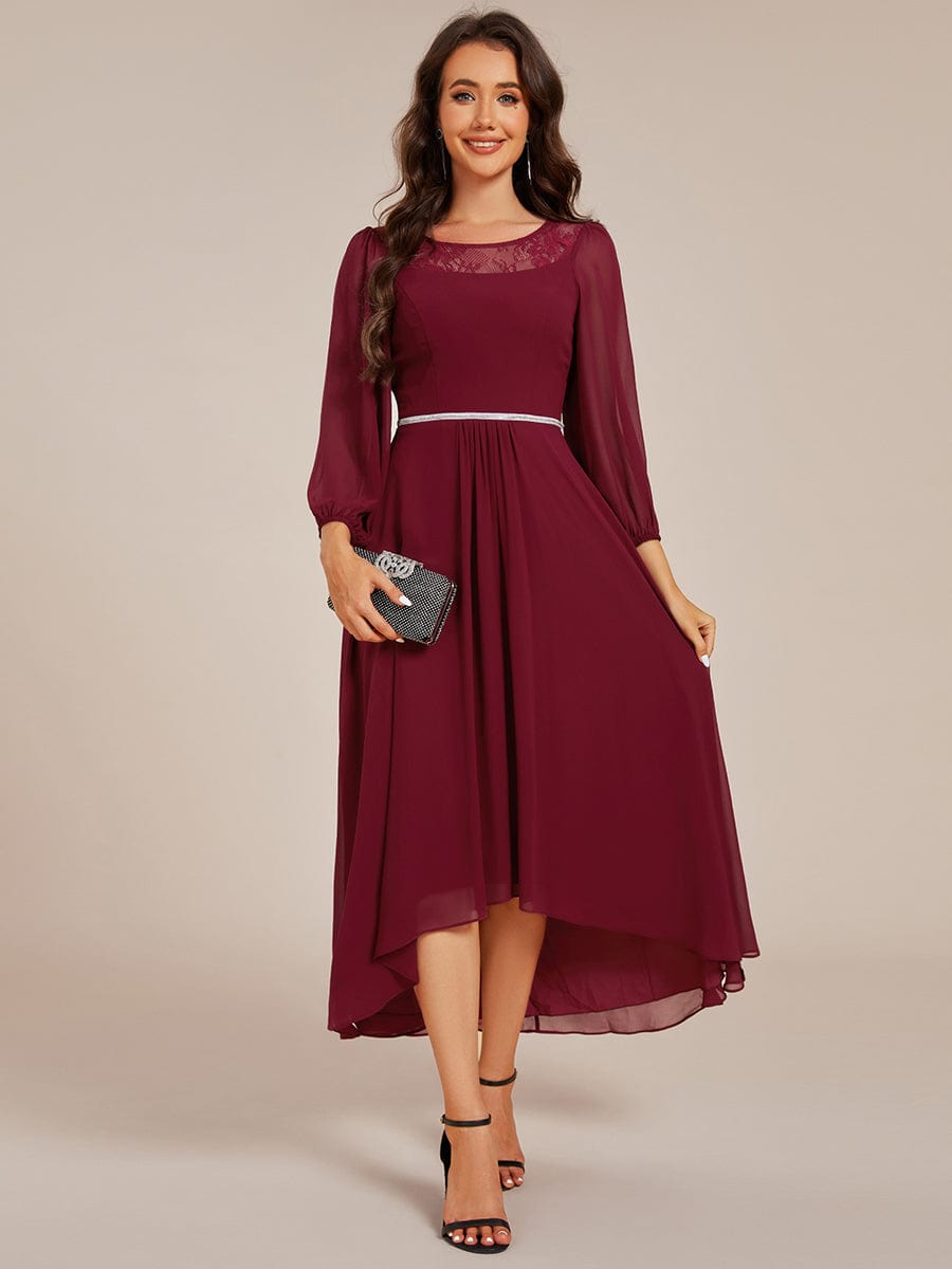 Long Sleeve Waist Chain Round Neckline Midi Chiffon Wedding Guest Dress #color_Burgundy