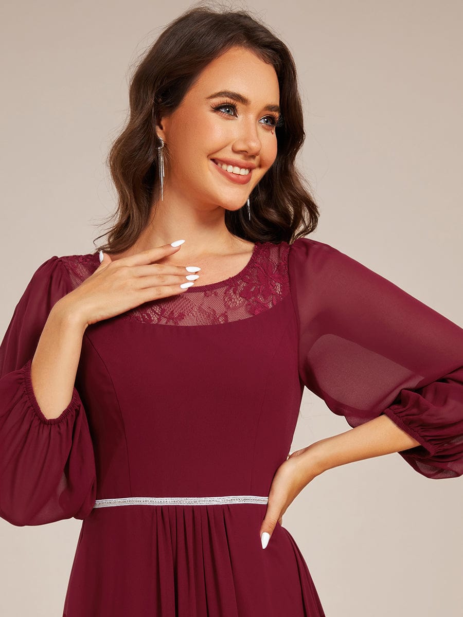 Long Sleeve Waist Chain Round Neckline Midi Chiffon Wedding Guest Dress #color_Burgundy