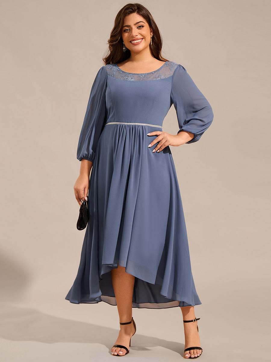 Plus Size Lace Round Neck Long Sleeve Chiffon Midi Wedding Guest Dress #color_Dusty Navy