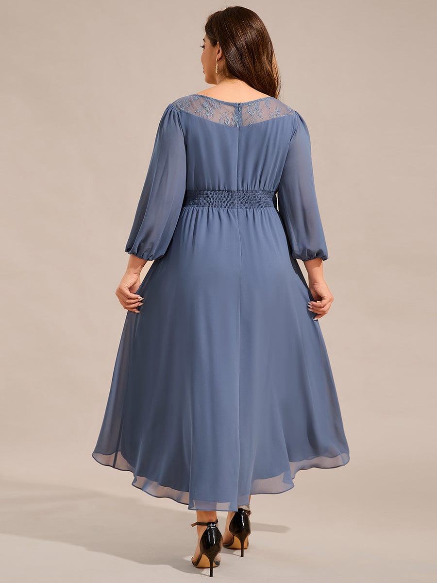 Long Sleeve Waist Chain Round Neckline Midi Chiffon Wedding Guest Dress #color_Dusty Blue