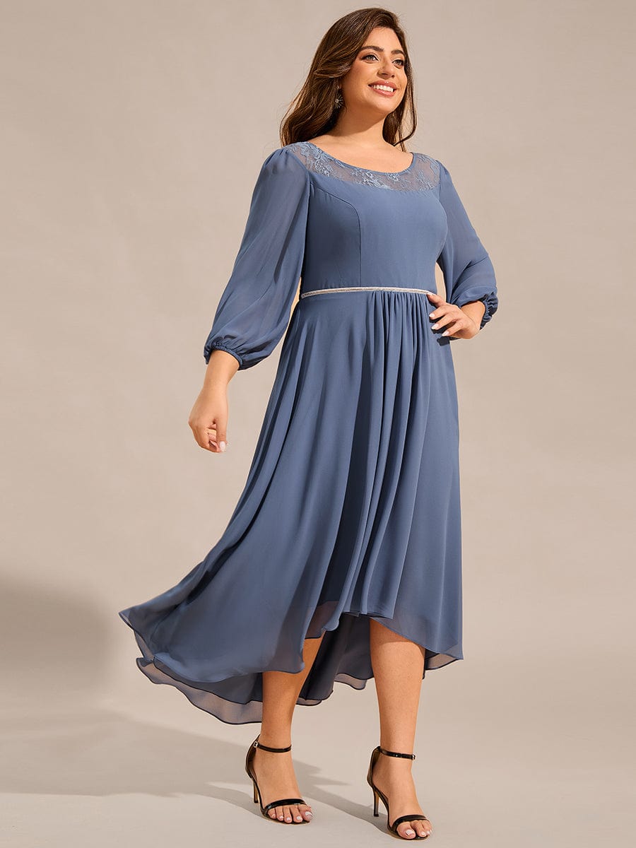 Plus Size Lace Round Neck Long Sleeve Chiffon Midi Wedding Guest Dress #color_Dusty Navy