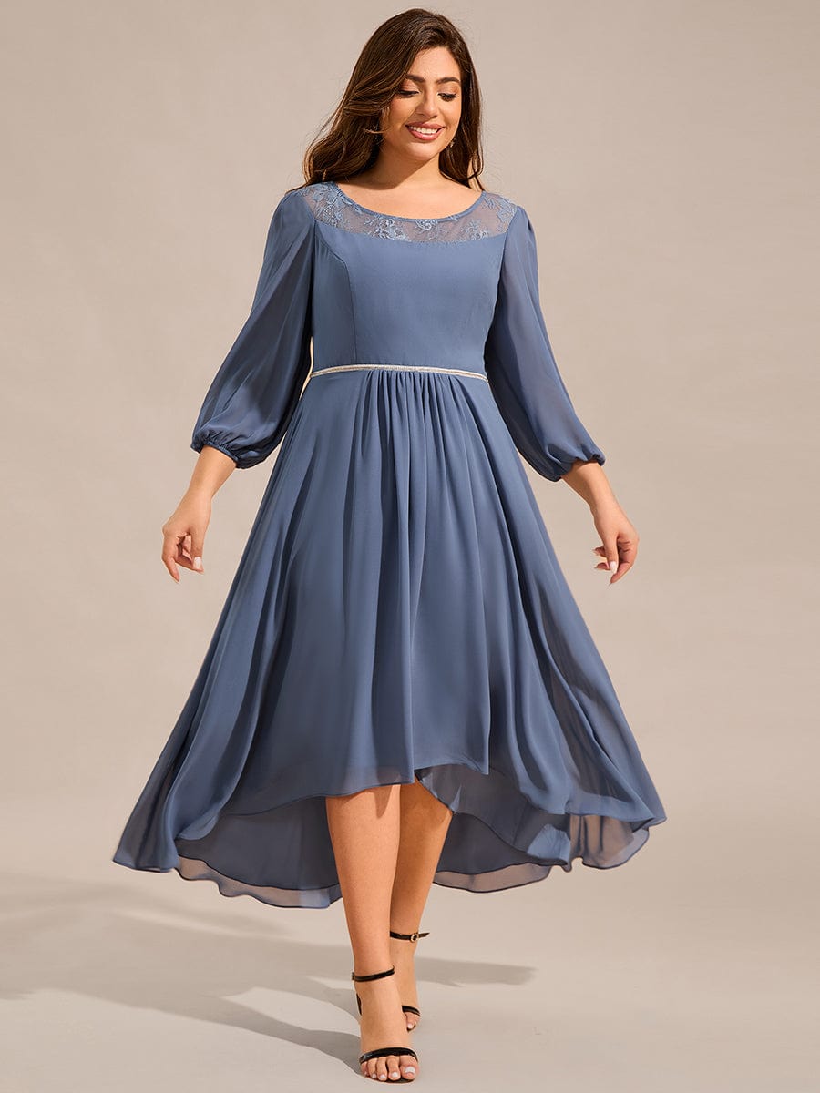 Long Sleeve Waist Chain Round Neckline Midi Chiffon Wedding Guest Dress #color_Dusty Navy