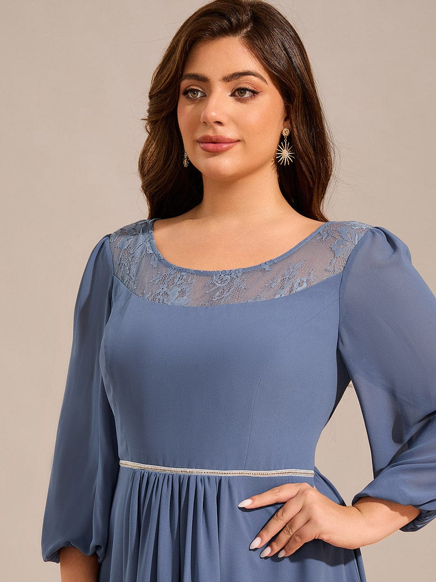 Long Sleeve Waist Chain Round Neckline Midi Chiffon Wedding Guest Dress #color_Dusty Blue