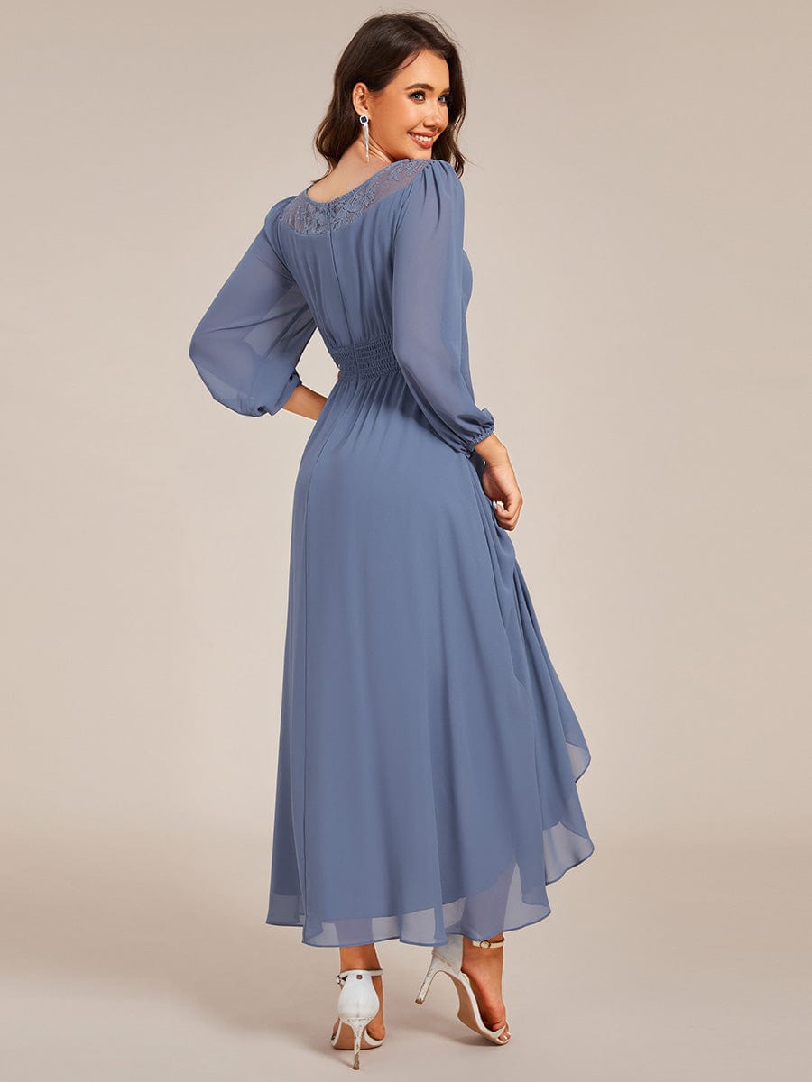 Long Sleeve Waist Chain Round Neckline Midi Chiffon Wedding Guest Dress #color_Dusty Navy