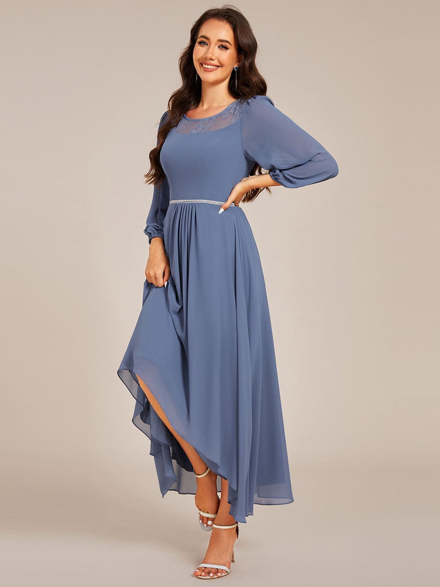 Long Sleeve Waist Chain Round Neckline Midi Chiffon Wedding Guest Dress #color_Dusty Blue