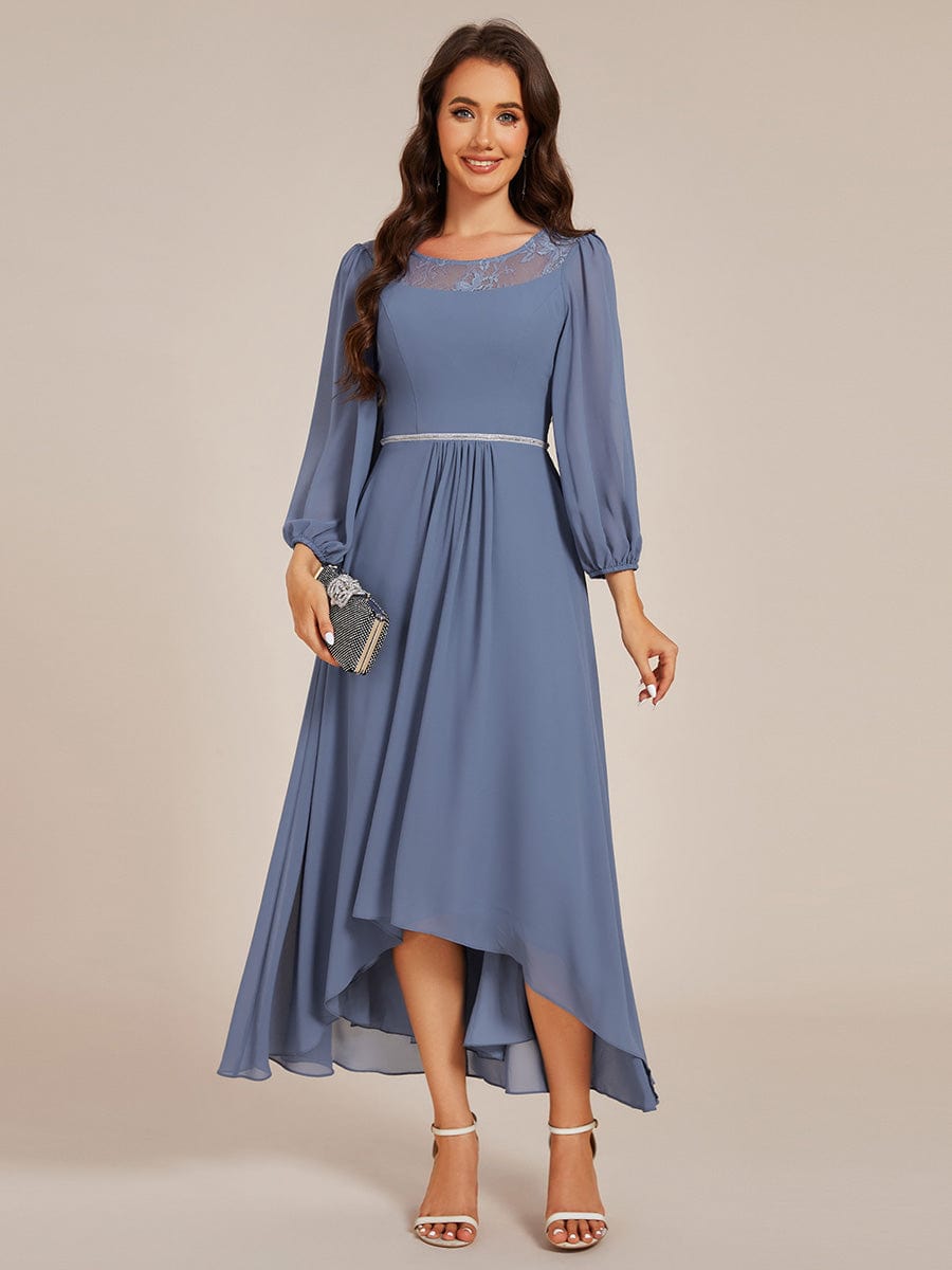 Long Sleeve Waist Chain Round Neckline Midi Chiffon Wedding Guest Dress #color_Dusty Navy