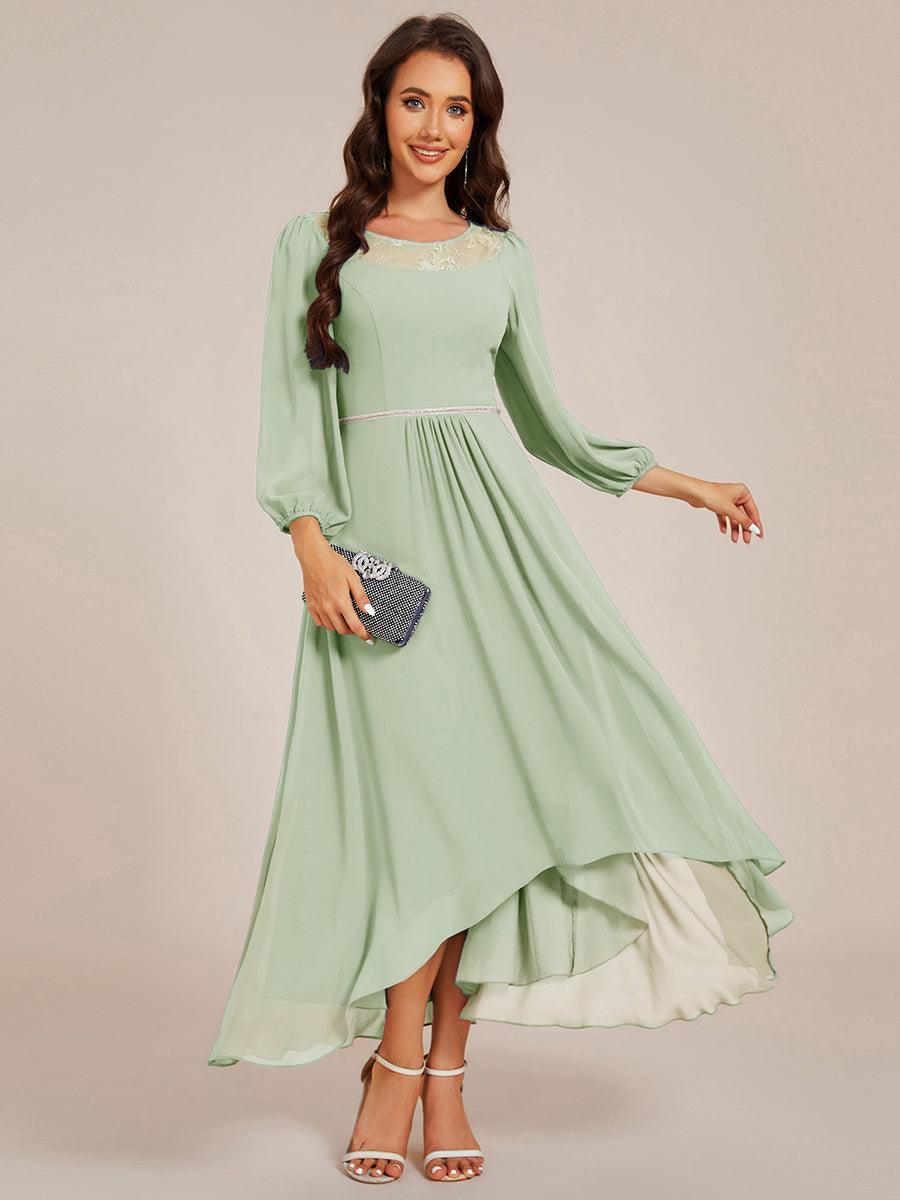 Long Sleeve Waist Chain Round Neckline Midi Chiffon Wedding Guest Dress #color_Mint Green