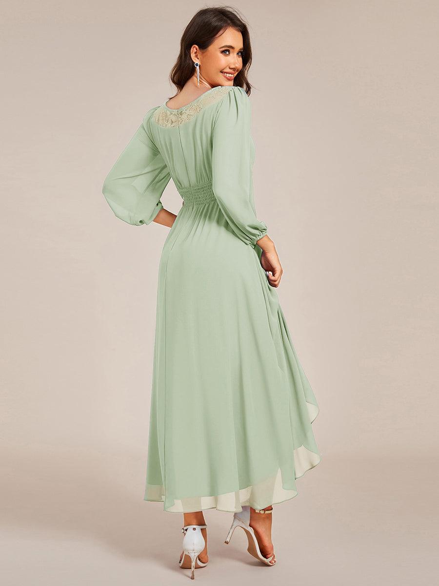 Long Sleeve Waist Chain Round Neckline Midi Chiffon Wedding Guest Dress #color_Mint Green