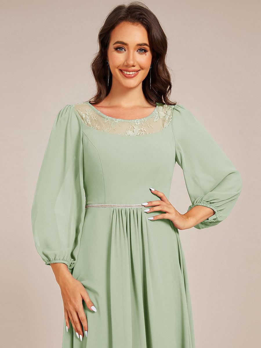 Long Sleeve Waist Chain Round Neckline Midi Chiffon Wedding Guest Dress #color_Mint Green