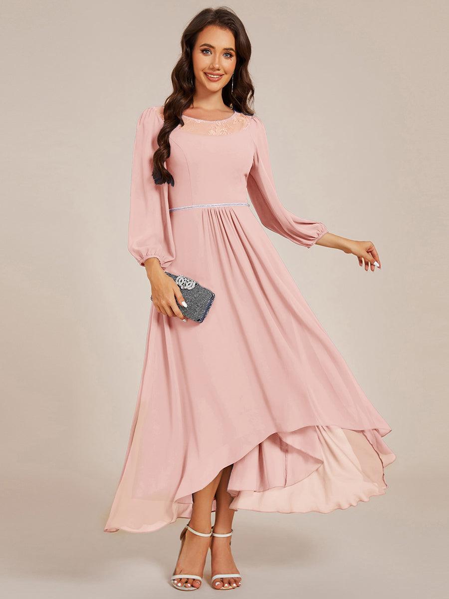 Long Sleeve Waist Chain Round Neckline Midi Chiffon Wedding Guest Dress #color_Pink